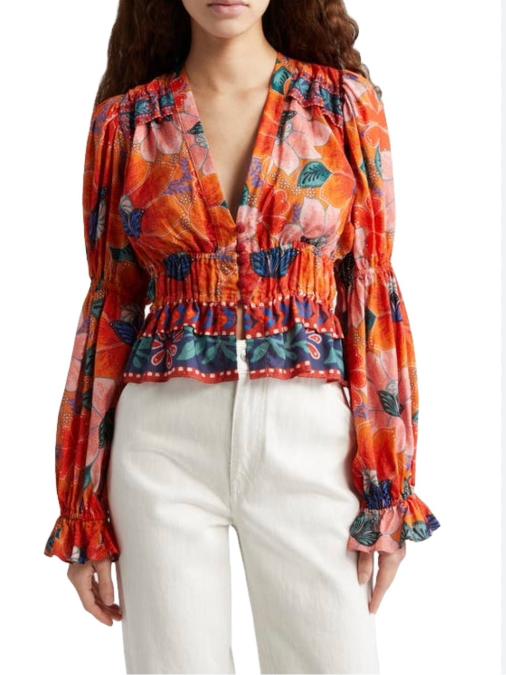 FARM Rio Marias Floral Plunge Neck Peplum Long Sleeve Top Size Medium - Picture 2 of 13